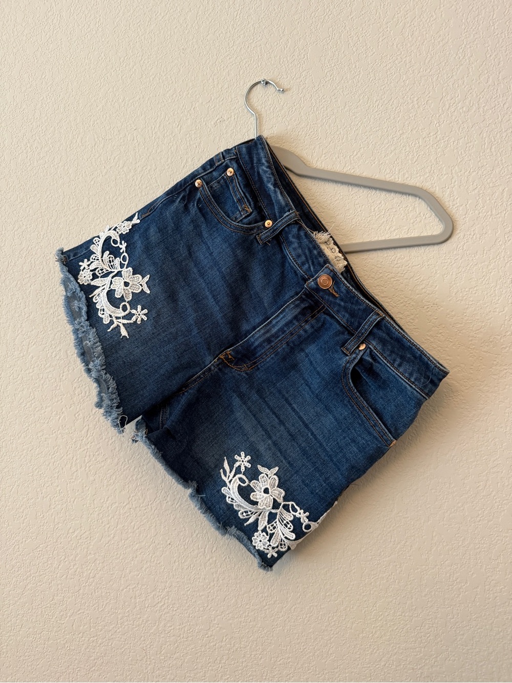 Altar’d State Dark Blue Denim Shorts with White Lace Embroidery